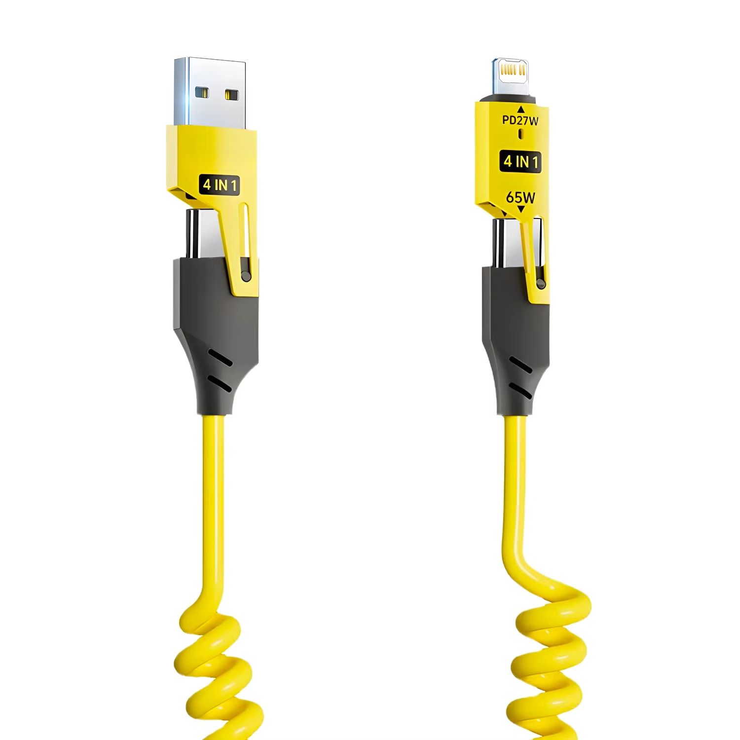 4 in 1 65W Spring Short Data Cable 6A USB Type C Spring Telescopic Quick Charger Wire Spring USB Cable for iPhone 15 14 13 12