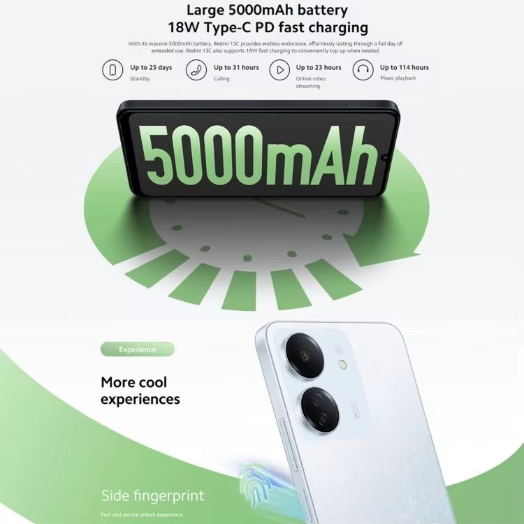 Refurbished Xiaomi Redmi 13C 128GB + 6GB 6.74 Inch Smart Phone2G/3G/4G  50MP AI Camera 5000mAh 18W Charger Redmi Phone