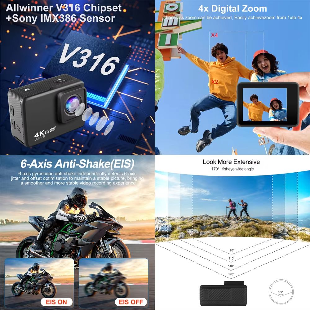 4K60FPS Action Camera 24MP WiFi 2.0" IPS LCD 170D 30m Waterproof Helmet Video Sport Anti-Shake Camera With Remote Controller