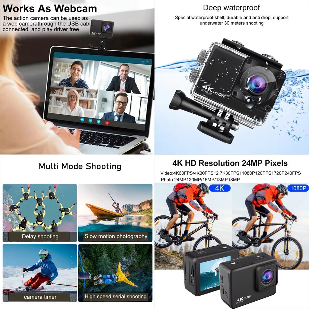 4K60FPS Action Camera 24MP WiFi 2.0" IPS LCD 170D 30m Waterproof Helmet Video Sport Anti-Shake Camera With Remote Controller