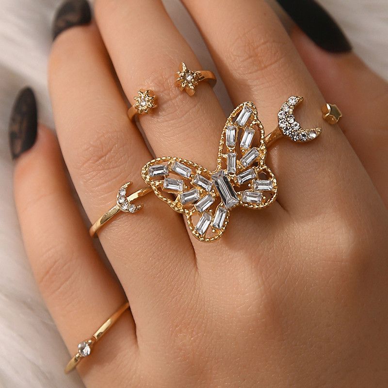 Women Rings Women Jewelry Big Butterfly Golden Star Moon Combination Set Open Ring For Women