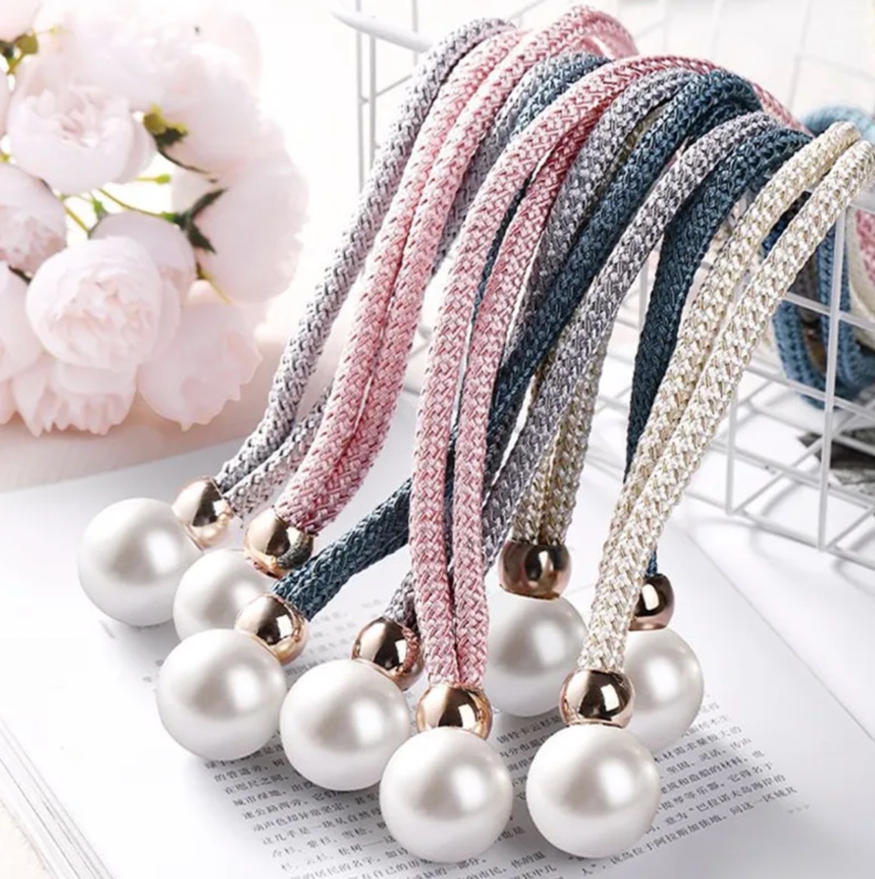 2Pcs Adjustable Big Pearl Curtain Tiebacks Curtain Pearls Tiebacks, Decorative Fixings, Rope Curtain Tiebacks No Punch Pull-outs