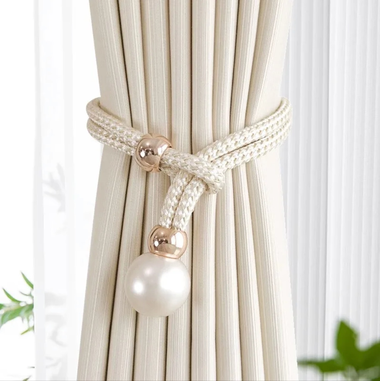 2Pcs Adjustable Big Pearl Curtain Tiebacks Curtain Pearls Tiebacks, Decorative Fixings, Rope Curtain Tiebacks No Punch Pull-outs