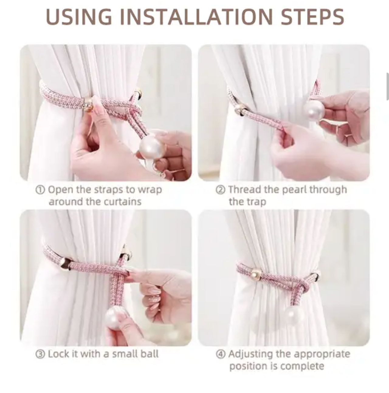 2Pcs Adjustable Big Pearl Curtain Tiebacks Curtain Pearls Tiebacks, Decorative Fixings, Rope Curtain Tiebacks No Punch Pull-outs