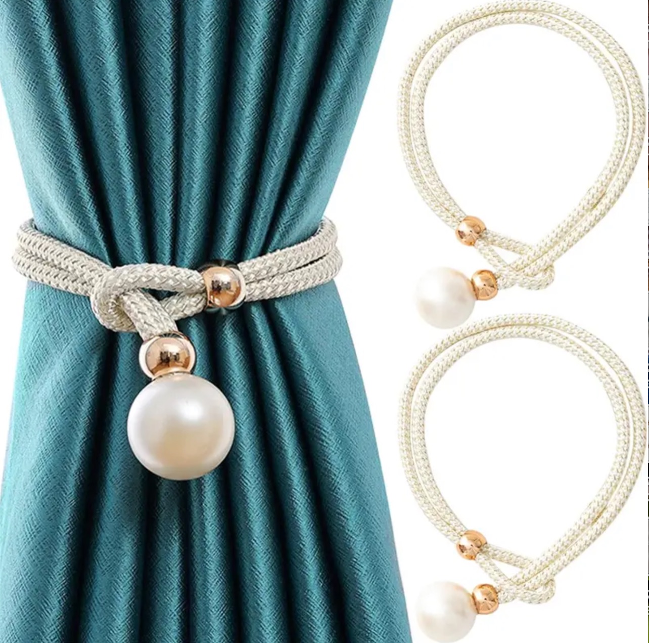 2Pcs Adjustable Big Pearl Curtain Tiebacks Curtain Pearls Tiebacks, Decorative Fixings, Rope Curtain Tiebacks No Punch Pull-outs