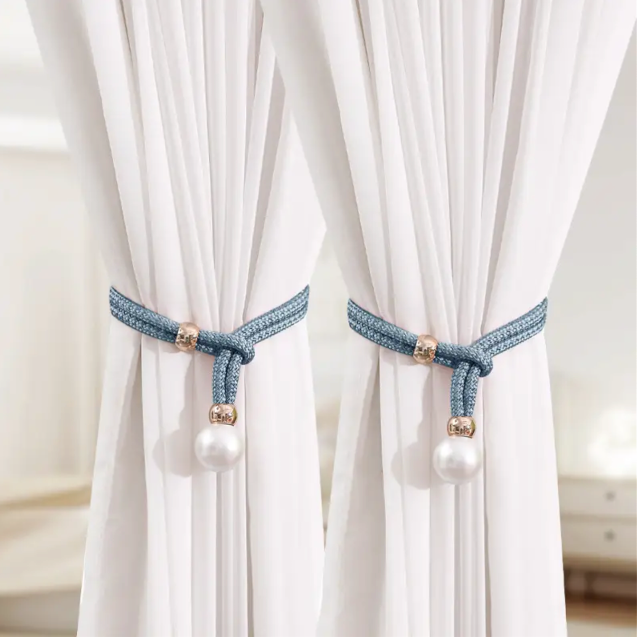 2Pcs Adjustable Big Pearl Curtain Tiebacks Curtain Pearls Tiebacks, Decorative Fixings, Rope Curtain Tiebacks No Punch Pull-outs