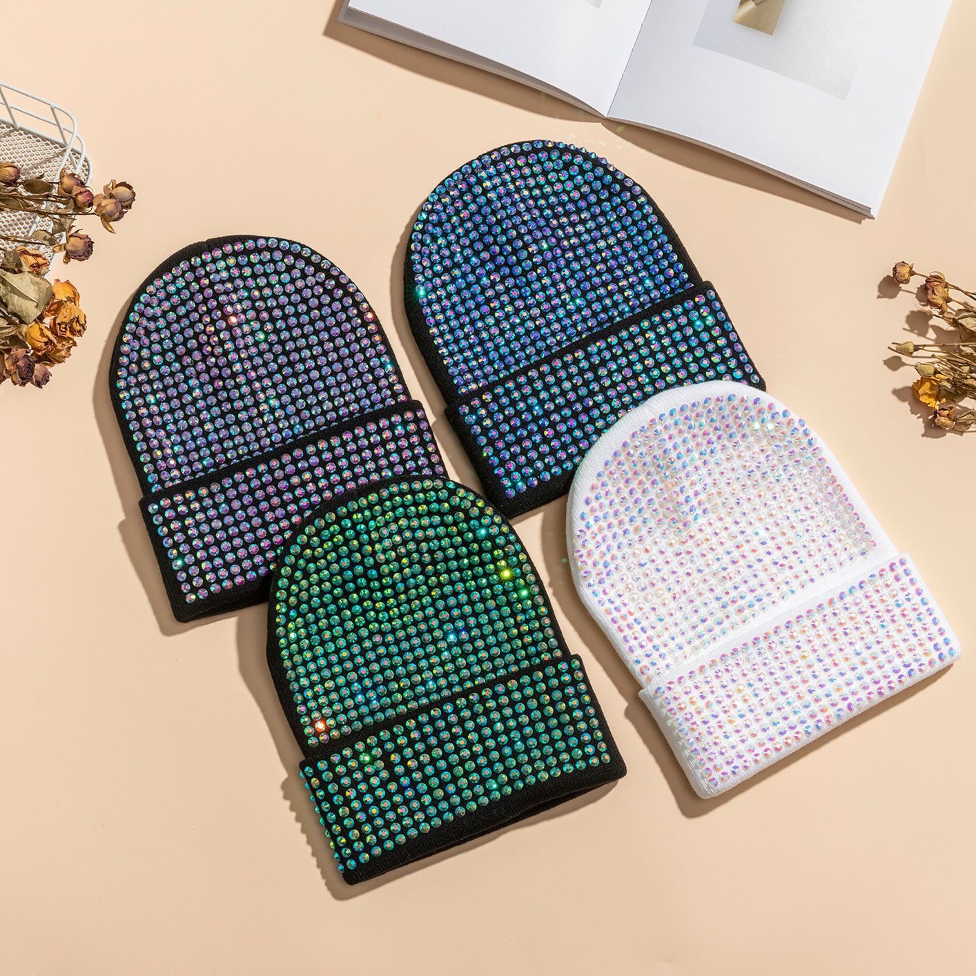 2022 New Warm Acrylic Knitted Artificial Diamond Hats In Autumn Winter Women Men Rhinestone Hip hop Beanies