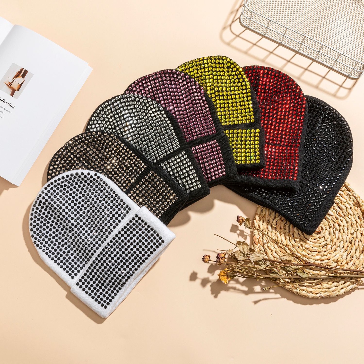 2022 New Warm Acrylic Knitted Artificial Diamond Hats In Autumn Winter Women Men Rhinestone Hip hop Beanies