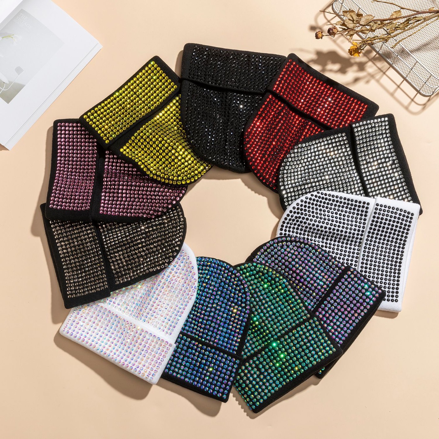 2022 New Warm Acrylic Knitted Artificial Diamond Hats In Autumn Winter Women Men Rhinestone Hip hop Beanies