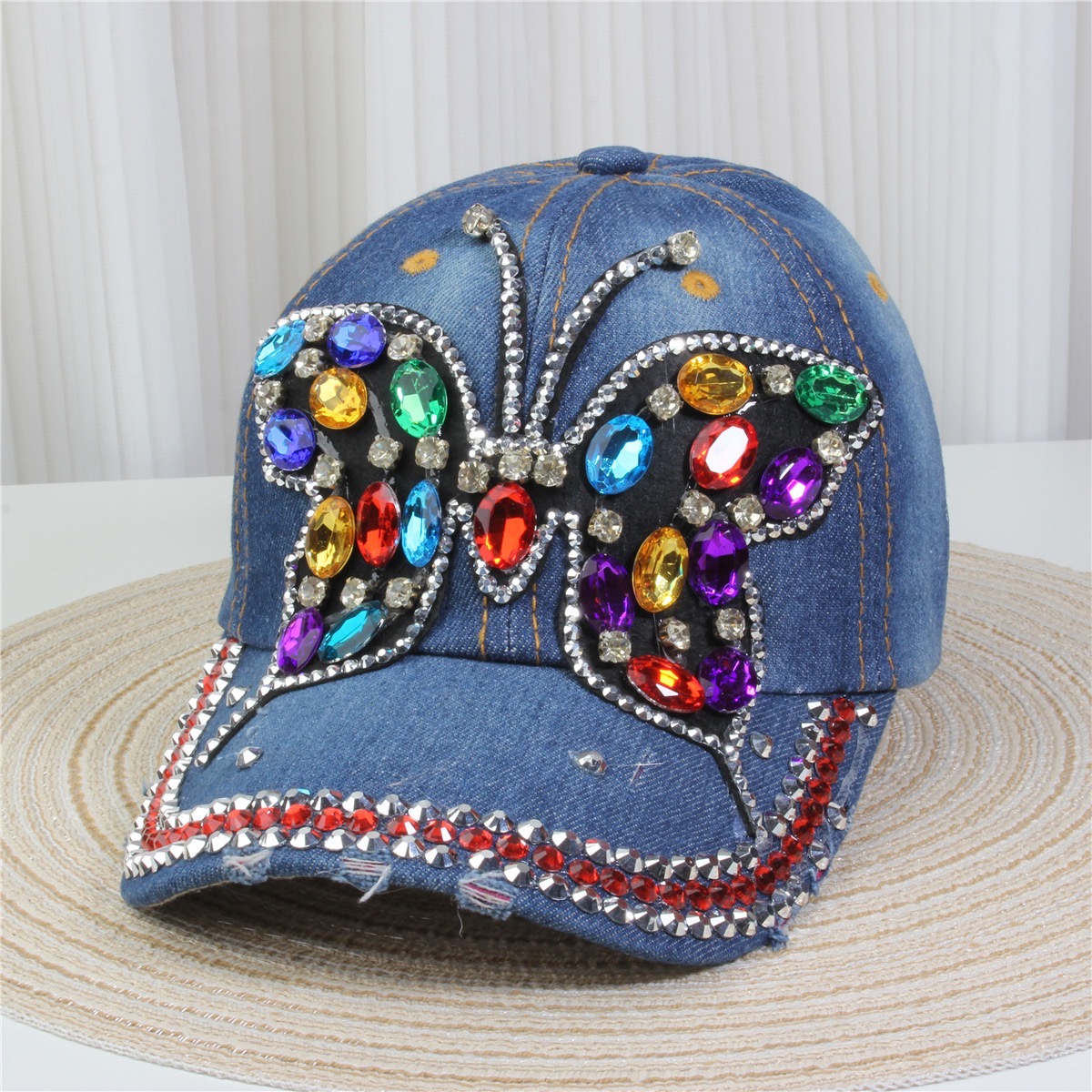 Cowboy Baseball Cap Butterfly Women’s Sparkle Bling Rhinestone Bejeweled Cotton Denim Baseball Cap