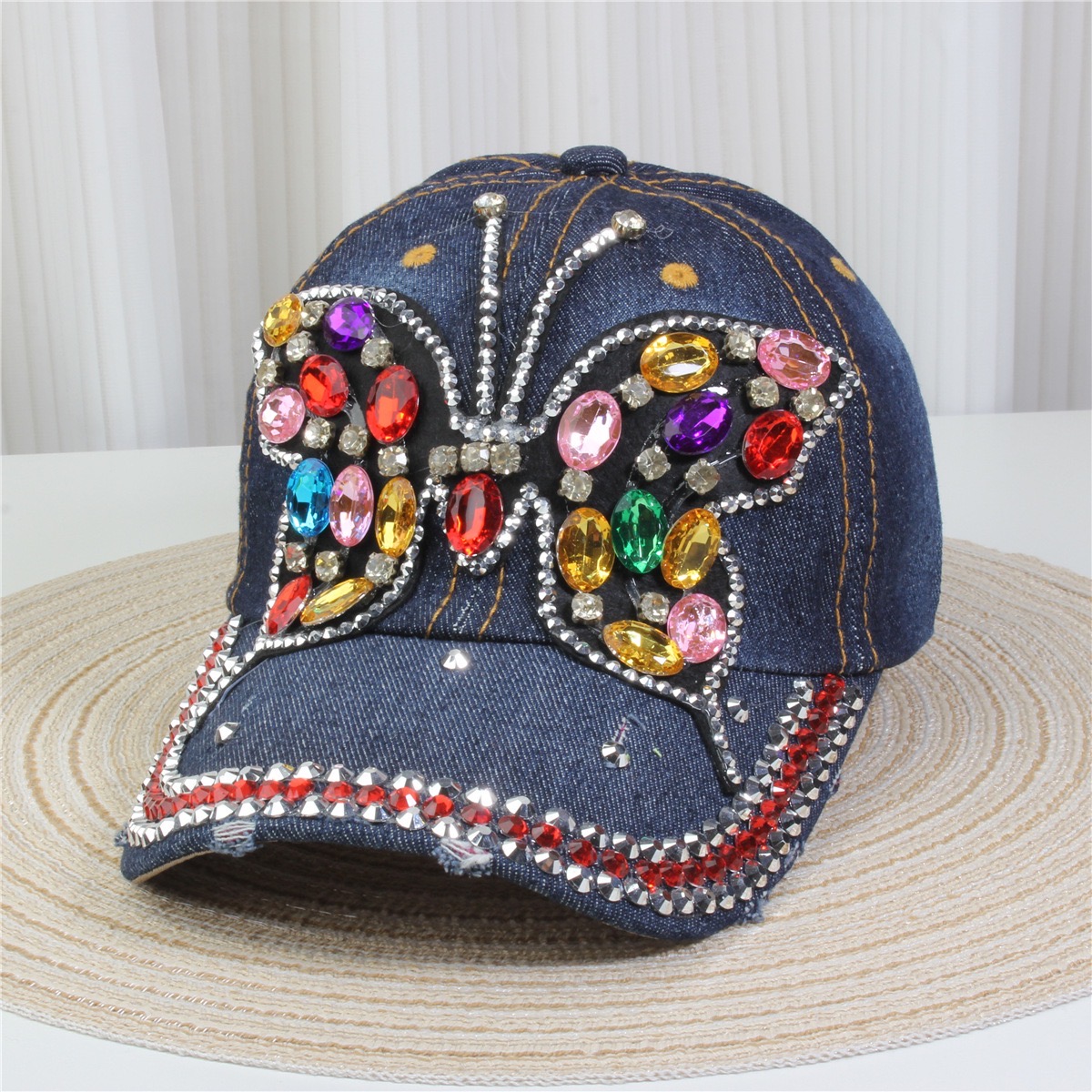 Cowboy Baseball Cap Butterfly Women’s Sparkle Bling Rhinestone Bejeweled Cotton Denim Baseball Cap