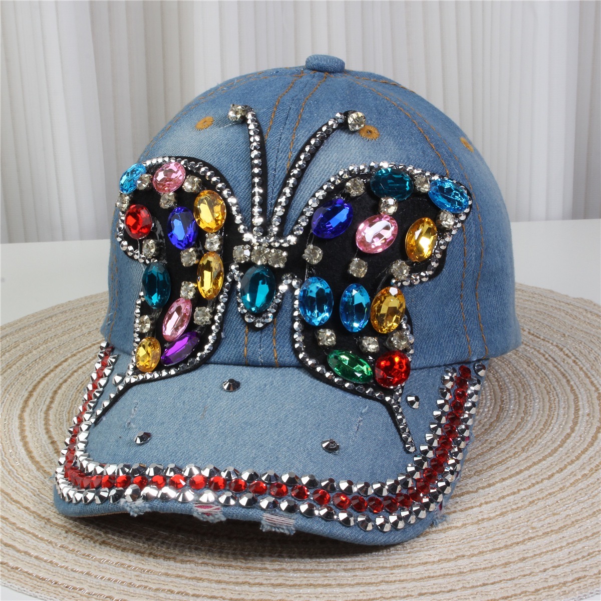 Cowboy Baseball Cap Butterfly Women’s Sparkle Bling Rhinestone Bejeweled Cotton Denim Baseball Cap