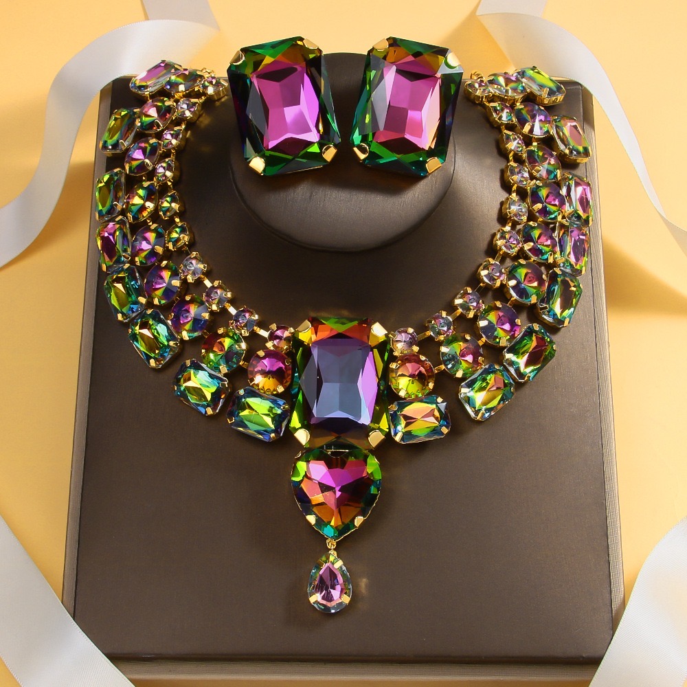 Stonefans Opulent Large Necklace Earring Set Indian Boho Party Wedding Set Statement Oversized Drag Queen Costume Necklace Gift