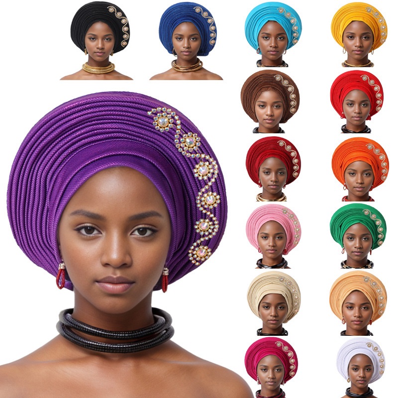 YIQI ENJOY Nigerian Wedding Geles African Headtie Auto Gele Turbans for Women Aso Oke Fabric Muslim Headwear Headpiece Female Head Wraps