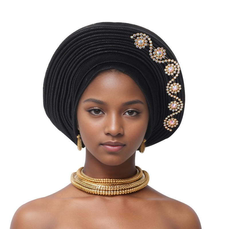 YIQI ENJOY Nigerian Wedding Geles African Headtie Auto Gele Turbans for Women Aso Oke Fabric Muslim Headwear Headpiece Female Head Wraps