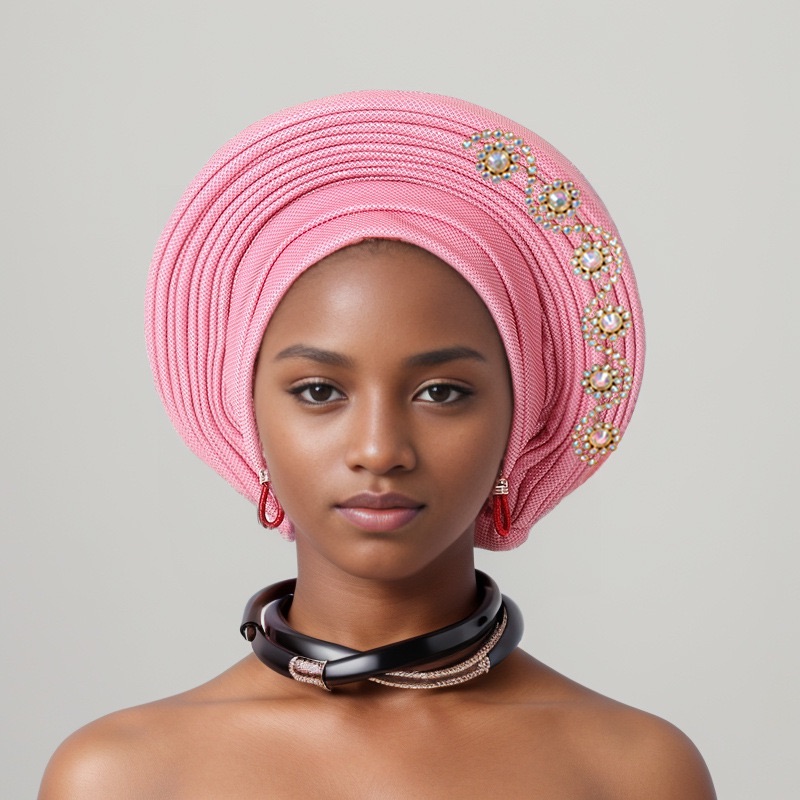 YIQI ENJOY Nigerian Wedding Geles African Headtie Auto Gele Turbans for Women Aso Oke Fabric Muslim Headwear Headpiece Female Head Wraps