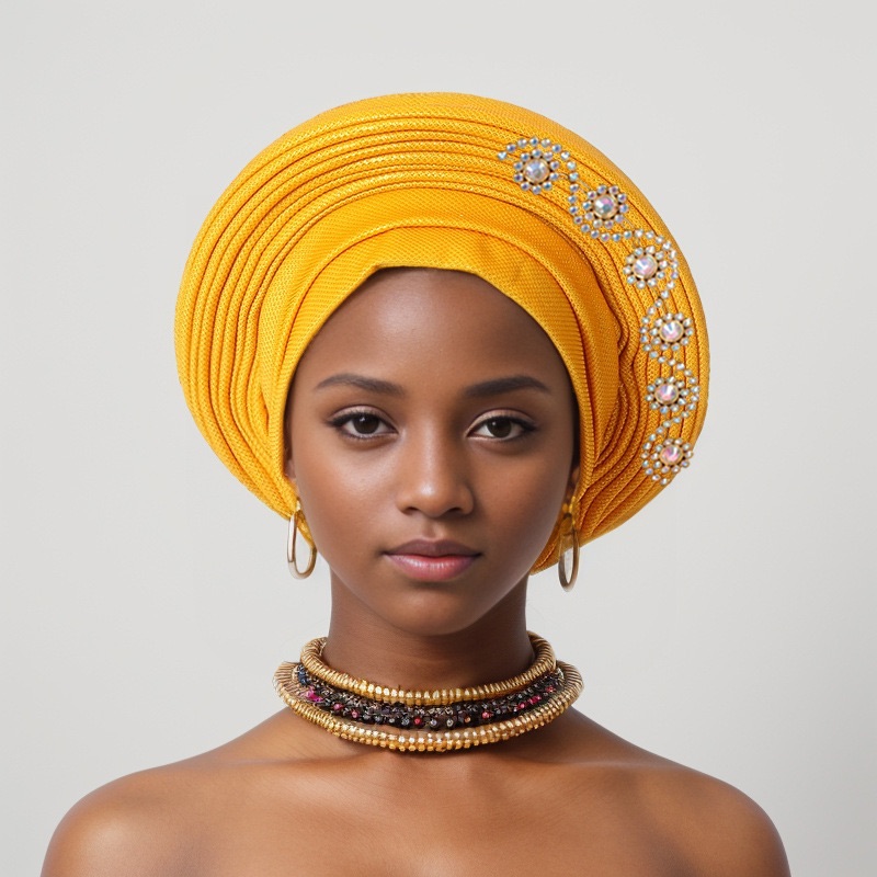 YIQI ENJOY Nigerian Wedding Geles African Headtie Auto Gele Turbans for Women Aso Oke Fabric Muslim Headwear Headpiece Female Head Wraps