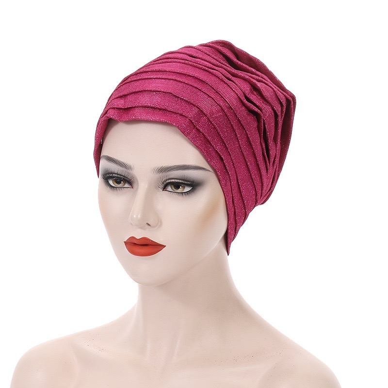 YIQI ENJOY 2024 Glitter Full Body Pleated Turban Cap for Auto Geles Women Head Wraps Muslim Hijab Headscarf Hat Turbante African Headpiece
