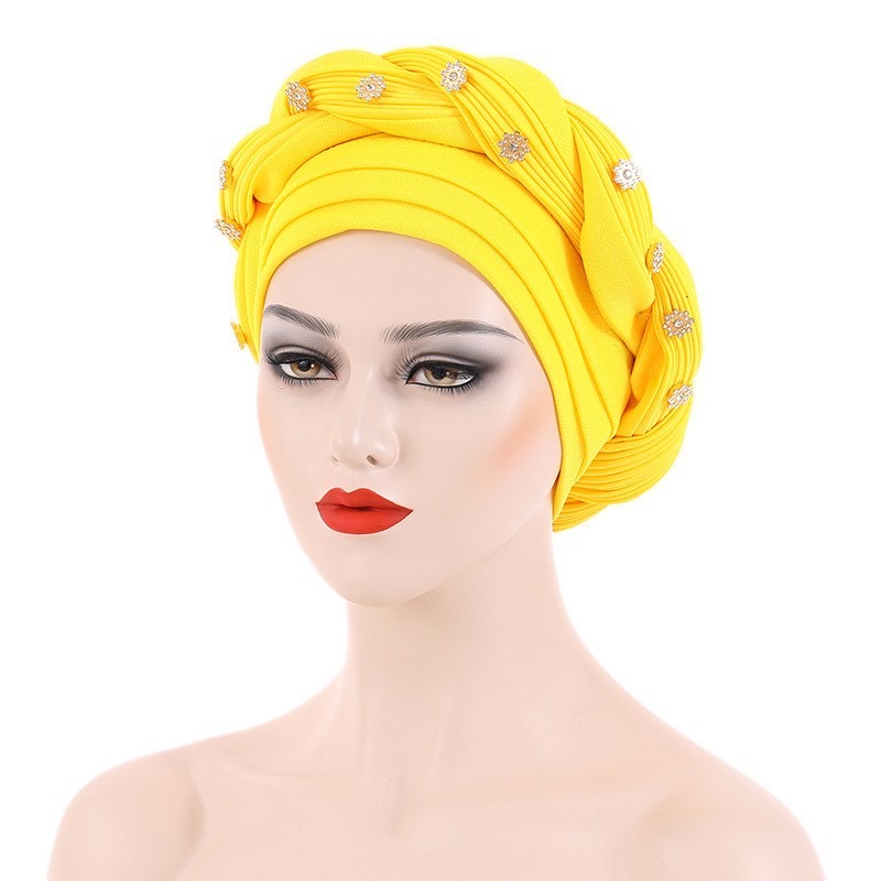 Multilayer Diamonds Braid Turban Caps Women Muslim Headscarf Bonnet Female Headwrap Hat Ready to Wear African Auto Gele Headtie