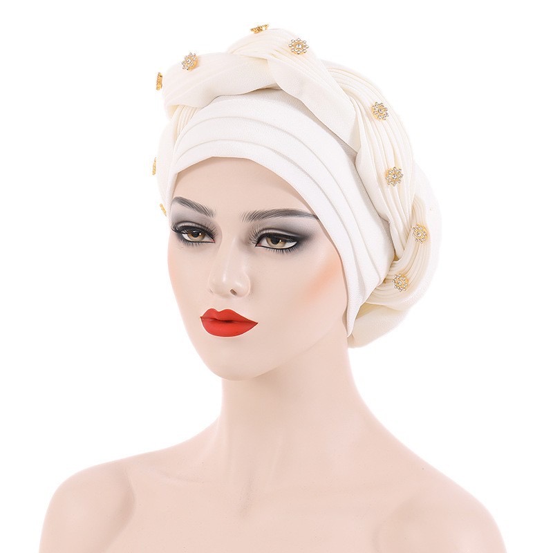 Multilayer Diamonds Braid Turban Caps Women Muslim Headscarf Bonnet Female Headwrap Hat Ready to Wear African Auto Gele Headtie