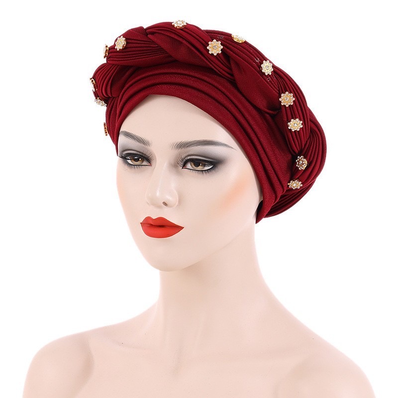 Multilayer Diamonds Braid Turban Caps Women Muslim Headscarf Bonnet Female Headwrap Hat Ready to Wear African Auto Gele Headtie