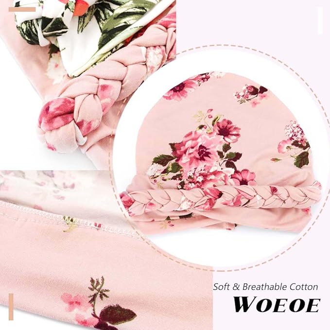 Woeoe African Turban Head Wrap Pink Pattern Head Scarf Soft Flower Print Head Cover Cap Headwear for Women and Girls