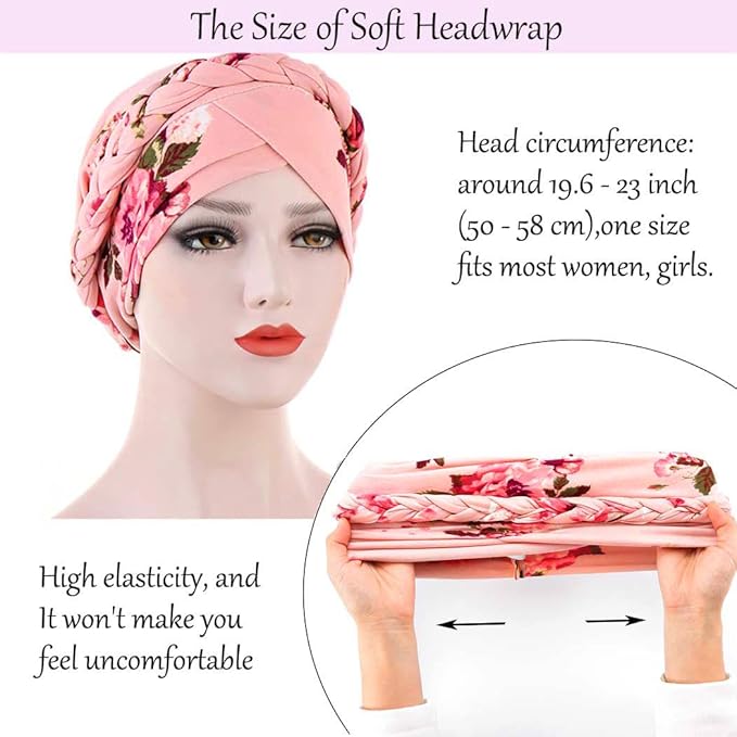 Woeoe African Turban Head Wrap Pink Pattern Head Scarf Soft Flower Print Head Cover Cap Headwear for Women and Girls