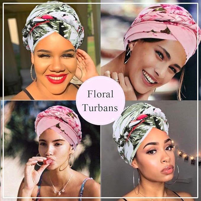 Woeoe African Turban Head Wrap Pink Pattern Head Scarf Soft Flower Print Head Cover Cap Headwear for Women and Girls