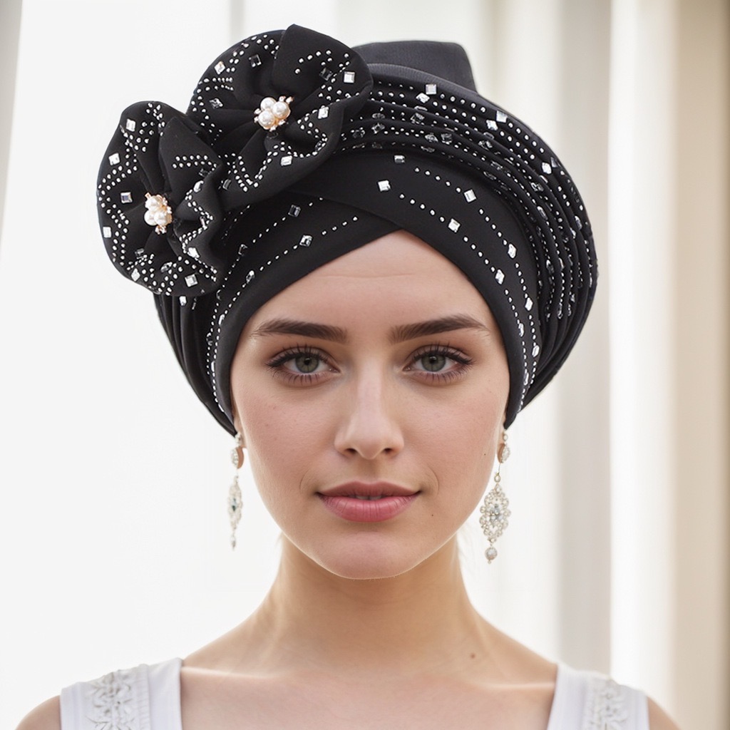 2025 New Women  Caps  Party Headpiece Fashion African Autogele Headtie Kenya Party Headgear Women Head Wraps Female Turban Cap with Diamonds