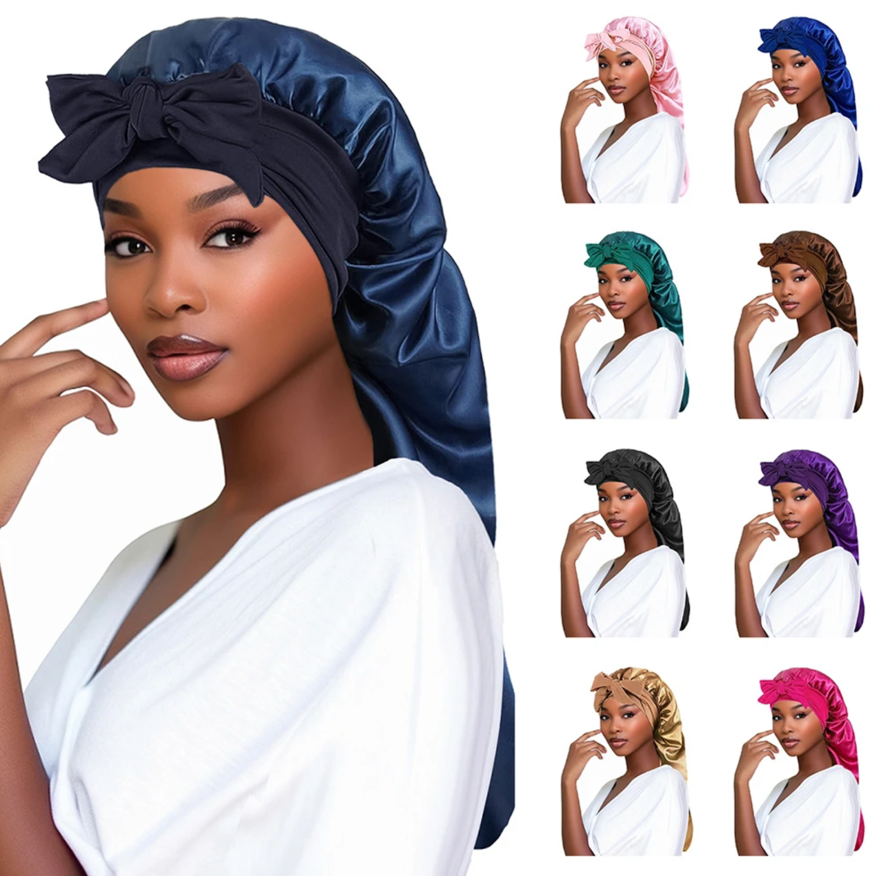 2024 YIQI Enjoy Women Bonnet Satin Sleeping Hat Long Tail Braid Hair Night Sleep Cap Head Cover Bonnets Shower Caps For Sauna Bathing Bonnet