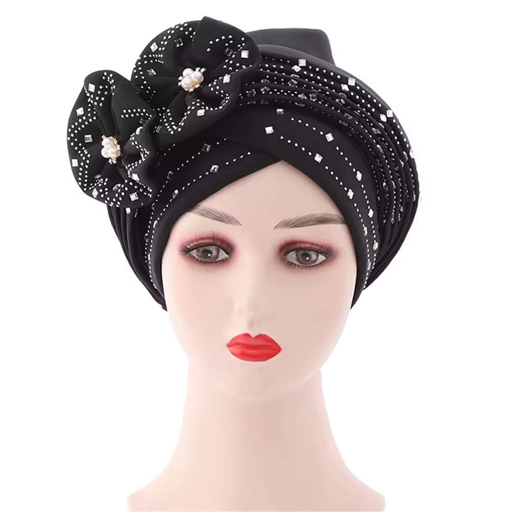 2025 New Women  Caps  Party Headpiece Fashion African Autogele Headtie Kenya Party Headgear Women Head Wraps Female Turban Cap with Diamonds