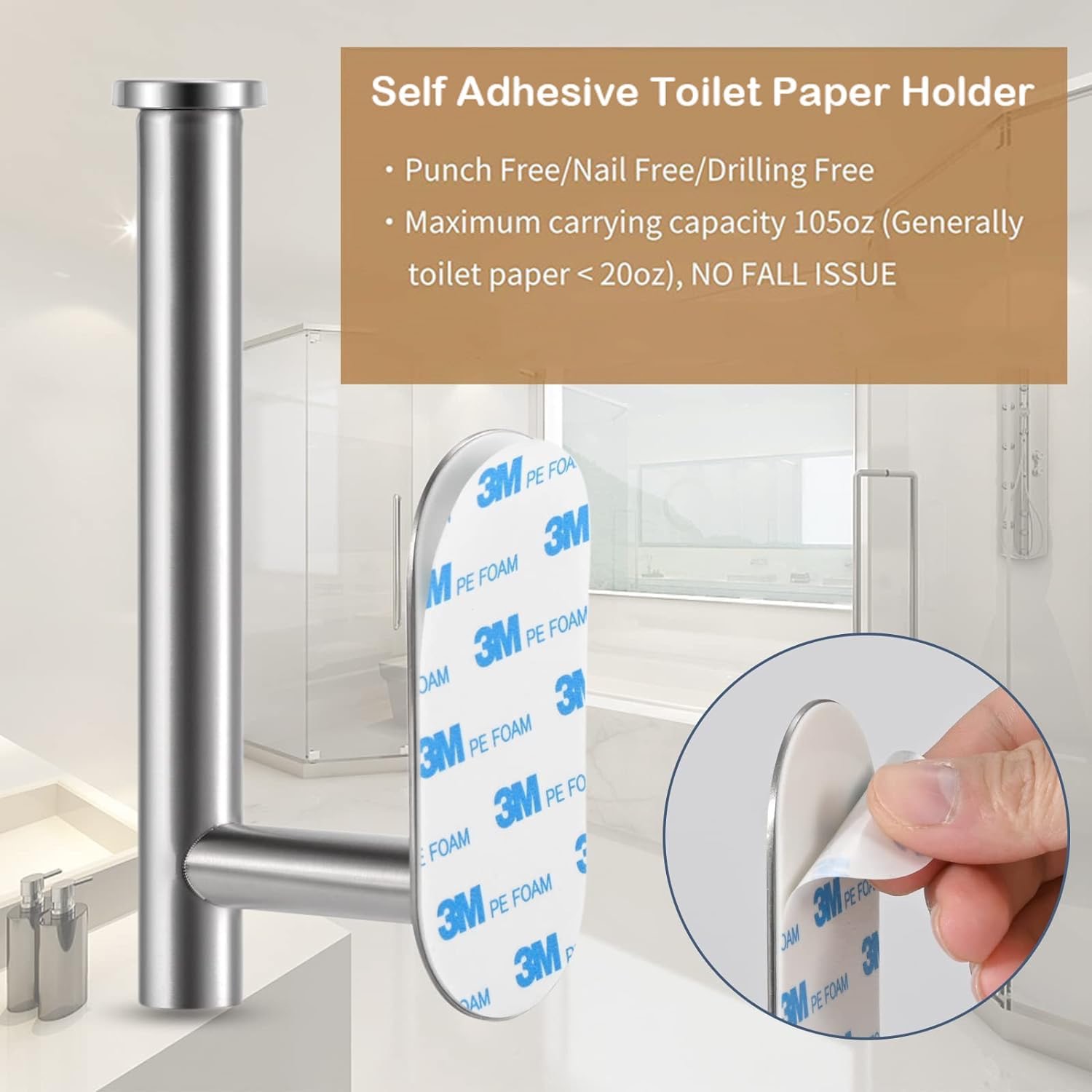 Toilet Paper Holder,Brushed Nickel,Wall Mount, Upgraded Adhesive Toilet Roll Holder,no Drilling,Bathroom/Rv/Washroom,SUS 304 Stainless Steel,Rustproof