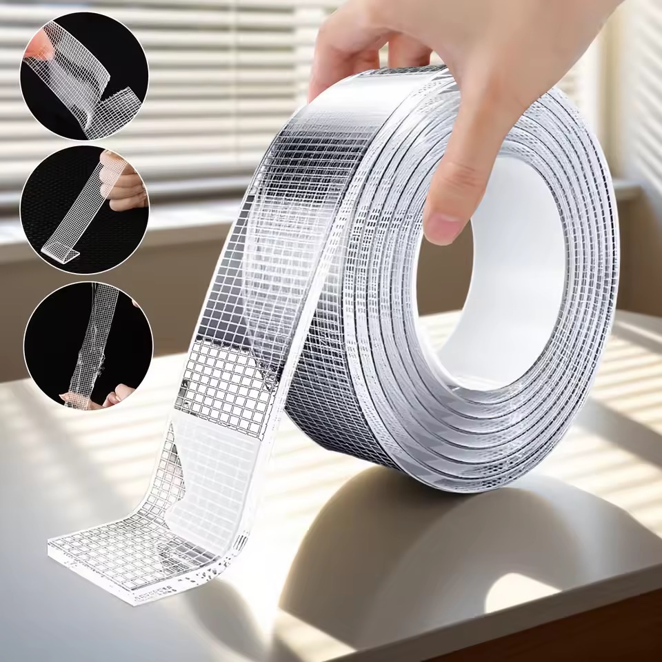 Transparent Sticky Fixed Strips Heavy Duty Double-Sided Adhesive Nano Tape Reusable Waterproof Carpet Adhesive Fiber Mesh Tapes