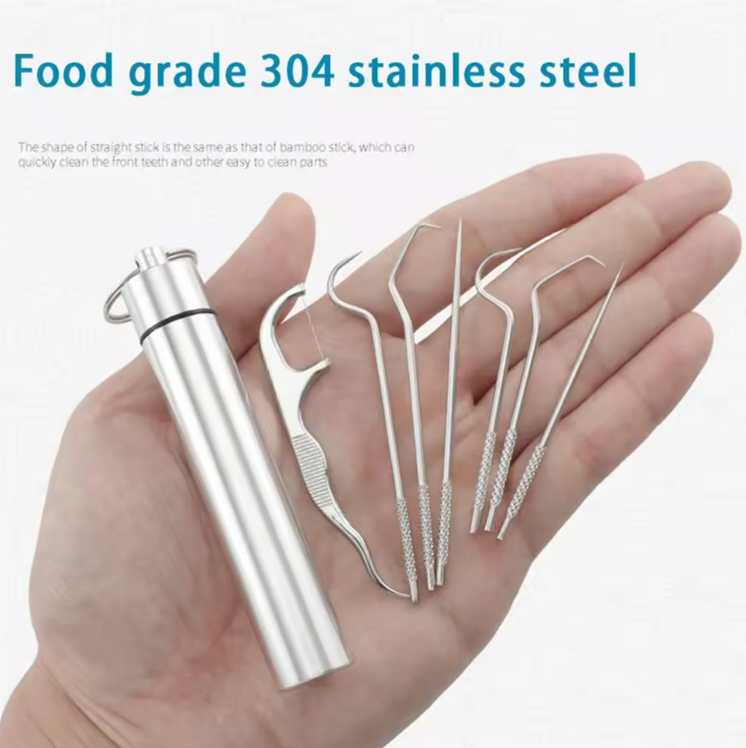 Stainless Steel Toothpick Dental Floss Set Reusable Tooth Flossing Toothpicks Teeth Cleaner Portable Oral Cleaning Tool Set