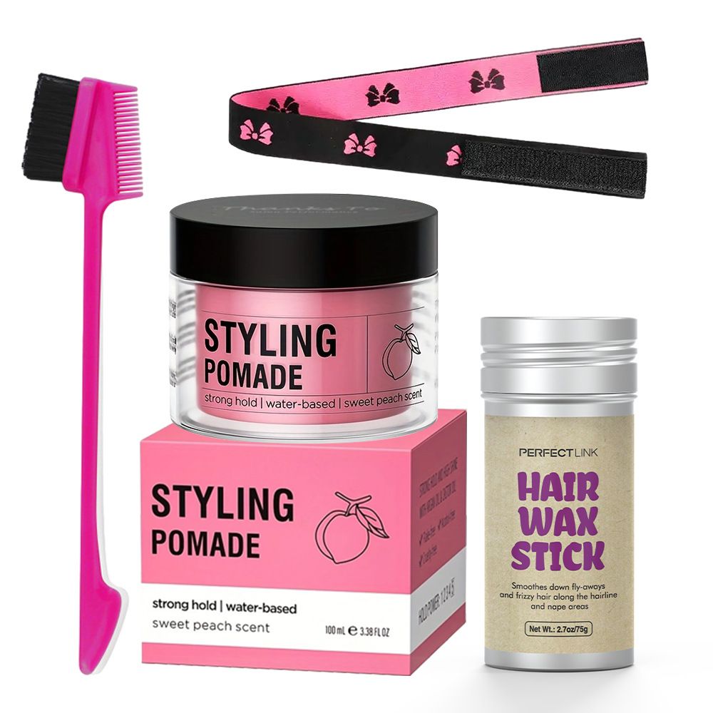 ﻿4Pcs/set 100g  Peach Wax 75g Wax Stick Headband Brush Combination OEM Brand Hair Wax Stick Hair Wax Strip Hair Styling Hair Wax Long-lasting Hold Styling Combination ﻿
