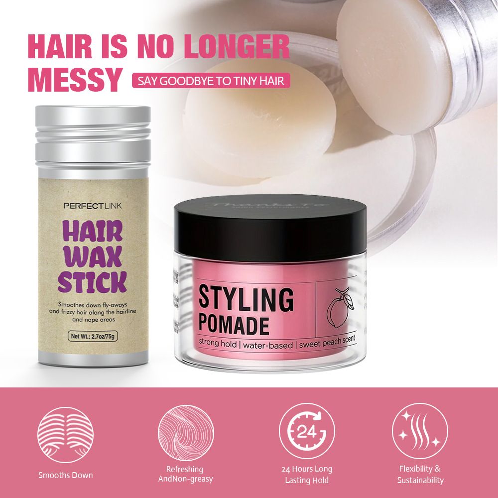 ﻿4Pcs/set 100g  Peach Wax 75g Wax Stick Headband Brush Combination OEM Brand Hair Wax Stick Hair Wax Strip Hair Styling Hair Wax Long-lasting Hold Styling Combination ﻿