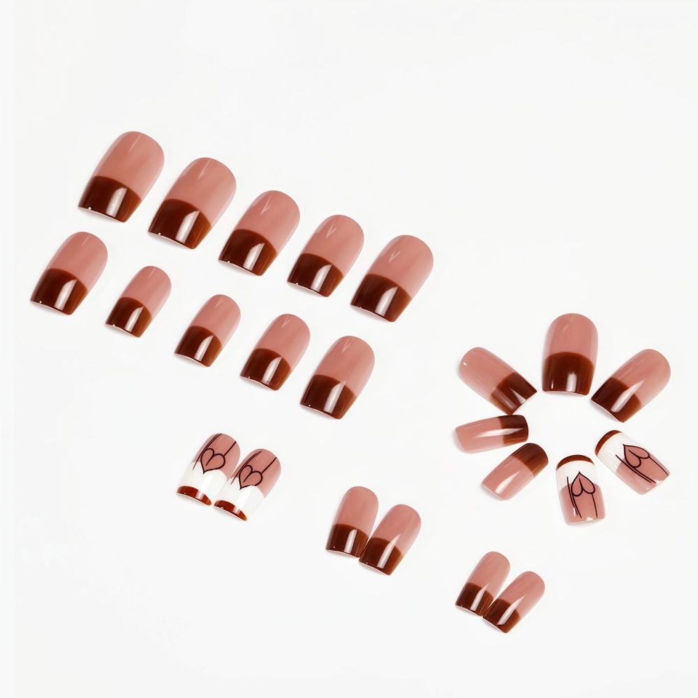 24 Piece Set In Coffee Color Wearing False Nails Short Heart-shaped Painted Nail Art False Nail Flakes