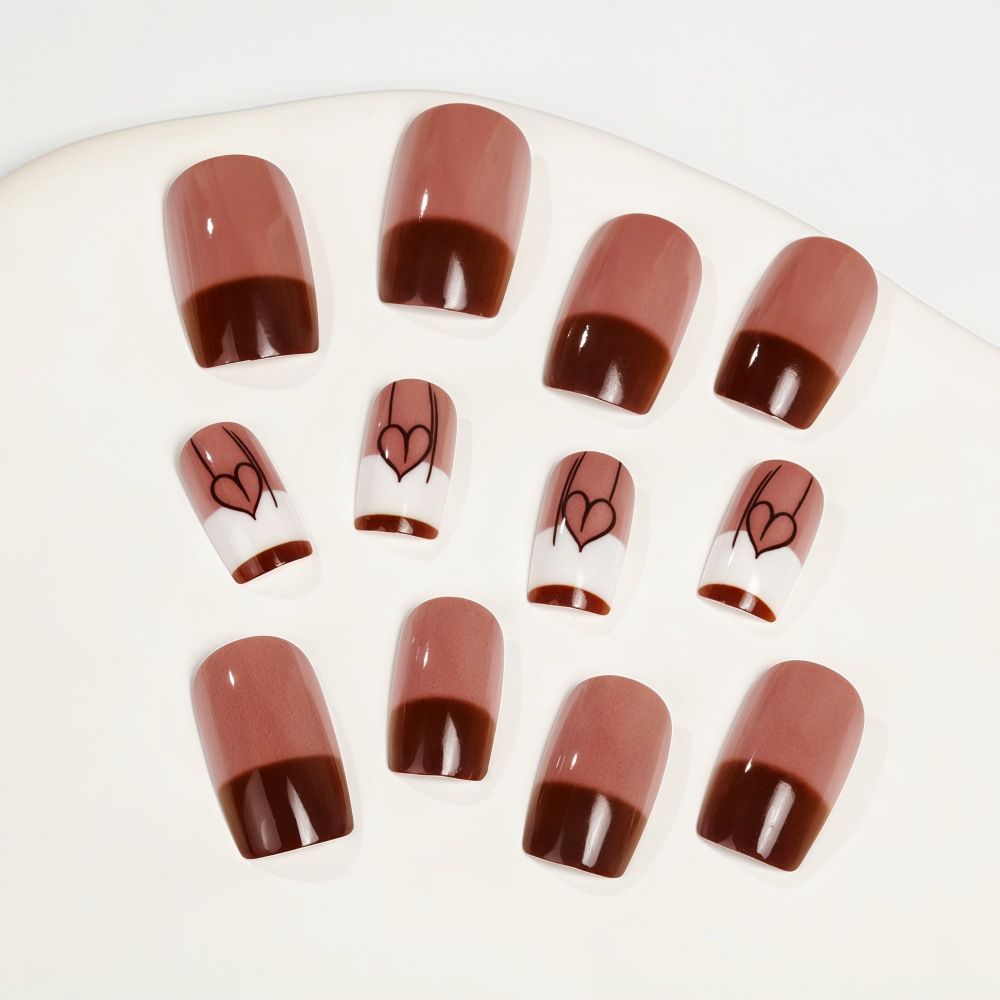24 Piece Set In Coffee Color Wearing False Nails Short Heart-shaped Painted Nail Art False Nail Flakes