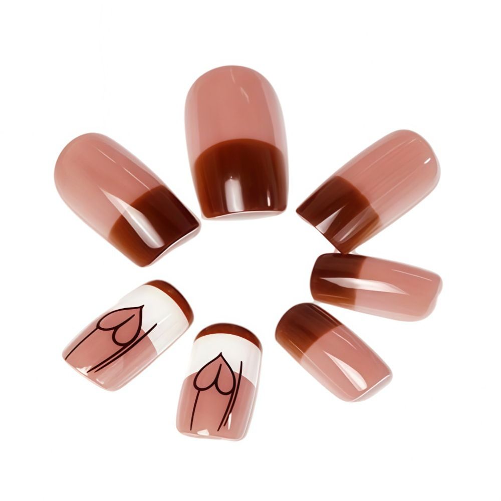 24 Piece Set In Coffee Color Wearing False Nails Short Heart-shaped Painted Nail Art False Nail Flakes