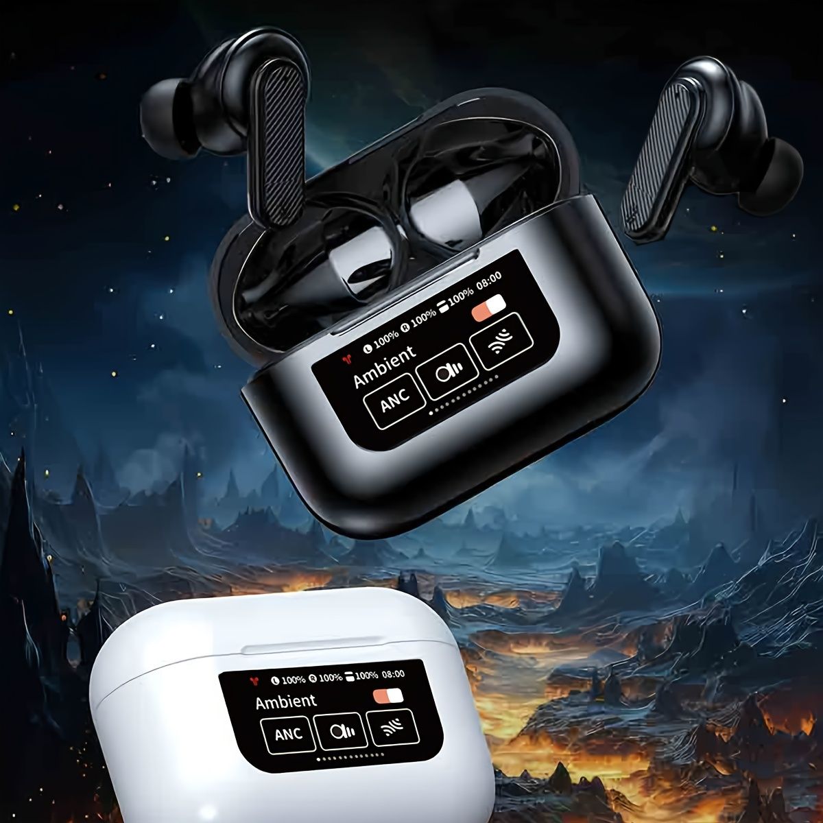YW08 BT Wireless Earphones Smart LCD Touch Screen Headphones Sports Earbuds ANC Built-in Microphone Waterproof Gaming V8