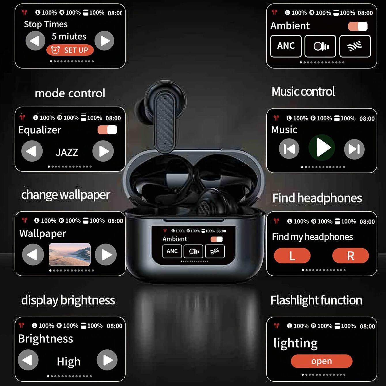 YW08 BT Wireless Earphones Smart LCD Touch Screen Headphones Sports Earbuds ANC Built-in Microphone Waterproof Gaming V8