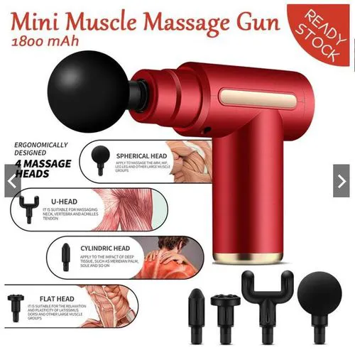 USB MiniHandheld Fascia Massage Gun Muscle Relaxation With 4 Heads   Silent Percussion Gun 10H Battery 6 Heads Muscle Recovery Red