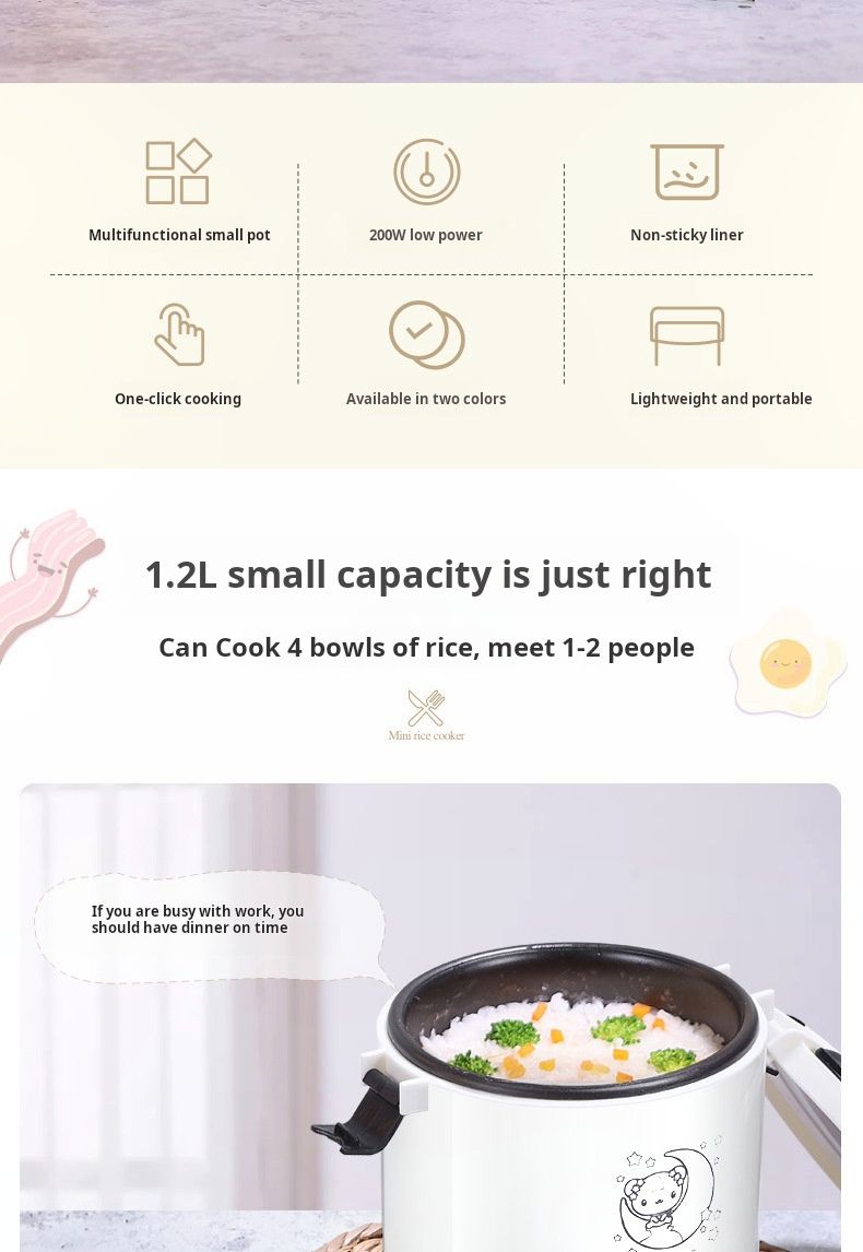Mini Rice Cooker Dormitory Single Person Cooking 200W -  1.2L White