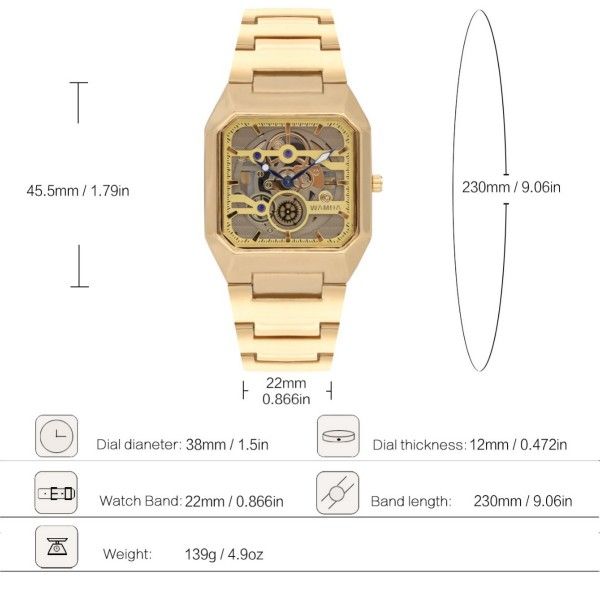 Square Men's Youth Sports Business Quartz Hollow Personality Gear Second Hand Waterproof Watch Quartz Watches