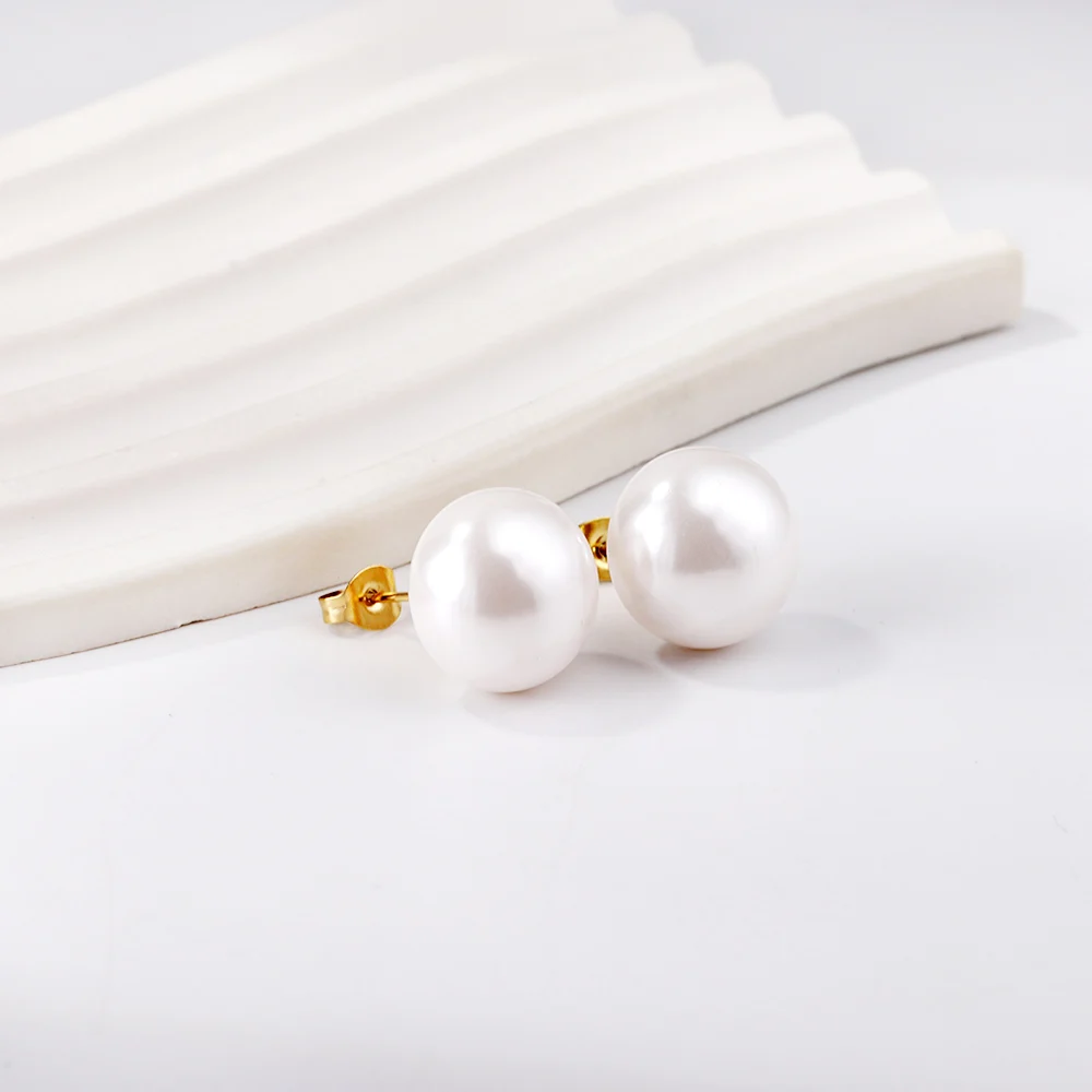 ashion Accessories Suitable for Women's Banquet Stainless Steel Flat White Pearl Gold Color Anti Allergic Earrings