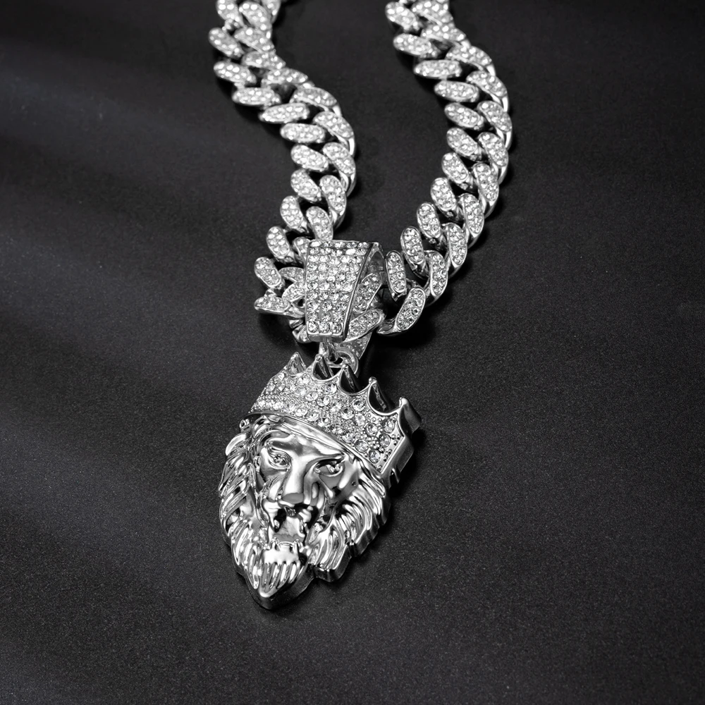 Men's Hip Hop 3D Crown Lion Head Pendant Necklace, with 13mm Cuban Chain  Animal Lion Head Rock Necklaces Fashion Punk Jewelry