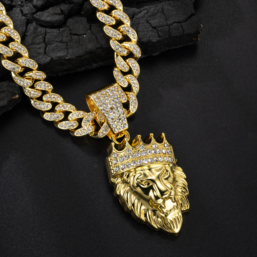 Men's Hip Hop 3D Crown Lion Head Pendant Necklace, with 13mm Cuban Chain  Animal Lion Head Rock Necklaces Fashion Punk Jewelry