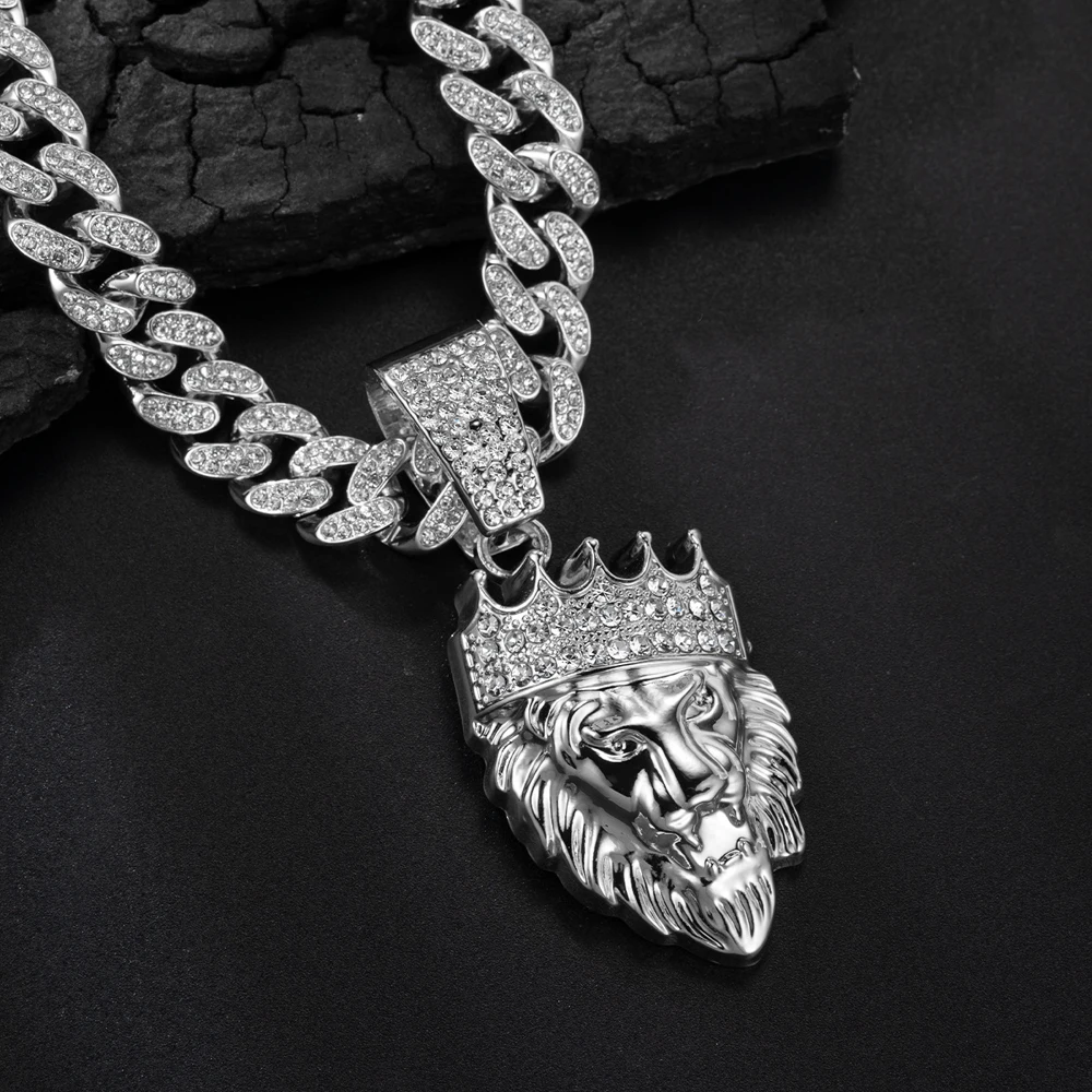 Men's Hip Hop 3D Crown Lion Head Pendant Necklace, with 13mm Cuban Chain  Animal Lion Head Rock Necklaces Fashion Punk Jewelry
