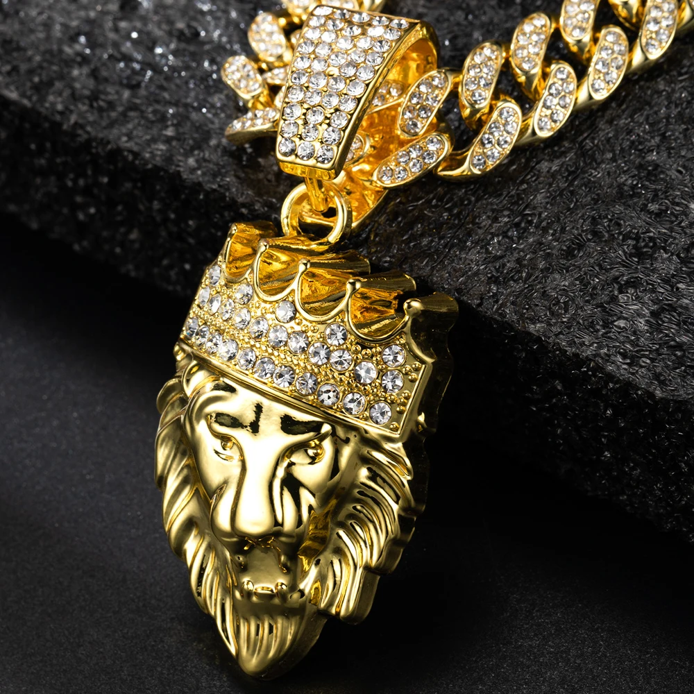 Men's Hip Hop 3D Crown Lion Head Pendant Necklace, with 13mm Cuban Chain  Animal Lion Head Rock Necklaces Fashion Punk Jewelry