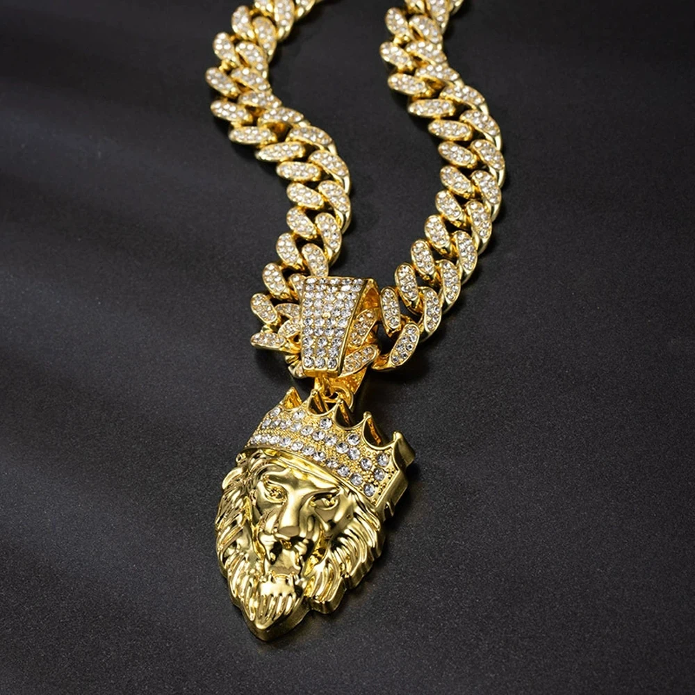 Men's Hip Hop 3D Crown Lion Head Pendant Necklace, with 13mm Cuban Chain  Animal Lion Head Rock Necklaces Fashion Punk Jewelry